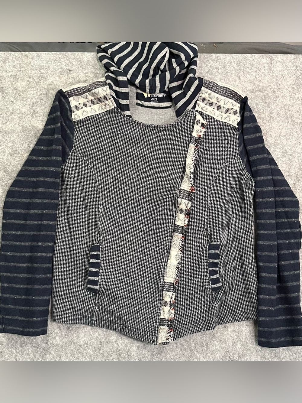 Natural Reflection Knit Hooded Jacket Blue/Cream/Red Fringe Detail Full Zip L